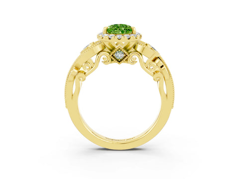Yellow gold Pear Cut Peridot Halo Ring with Milgrain Pavé Band and Four-Prong Setting_15