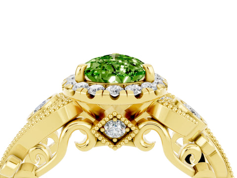 Yellow gold Pear Cut Peridot Halo Ring with Milgrain Pavé Band and Four-Prong Setting_16
