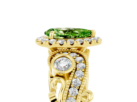 Yellow gold Pear Cut Peridot Halo Ring with Milgrain Pavé Band and Four-Prong Setting_17