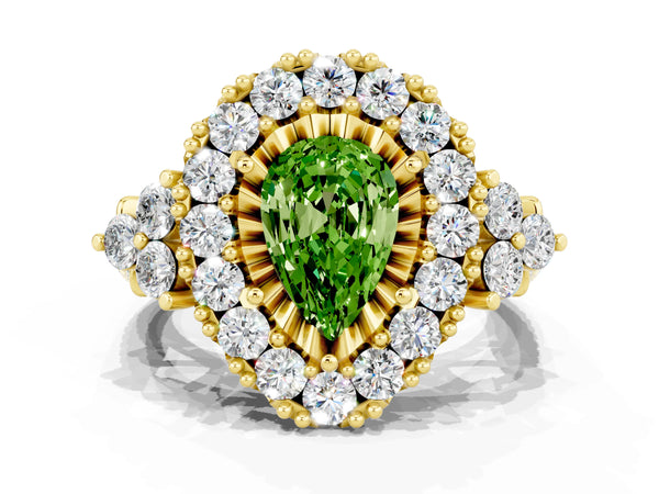 Yellow gold Pear Cut Peridot Halo Ring with Pavé Band and Four-Prong Setting