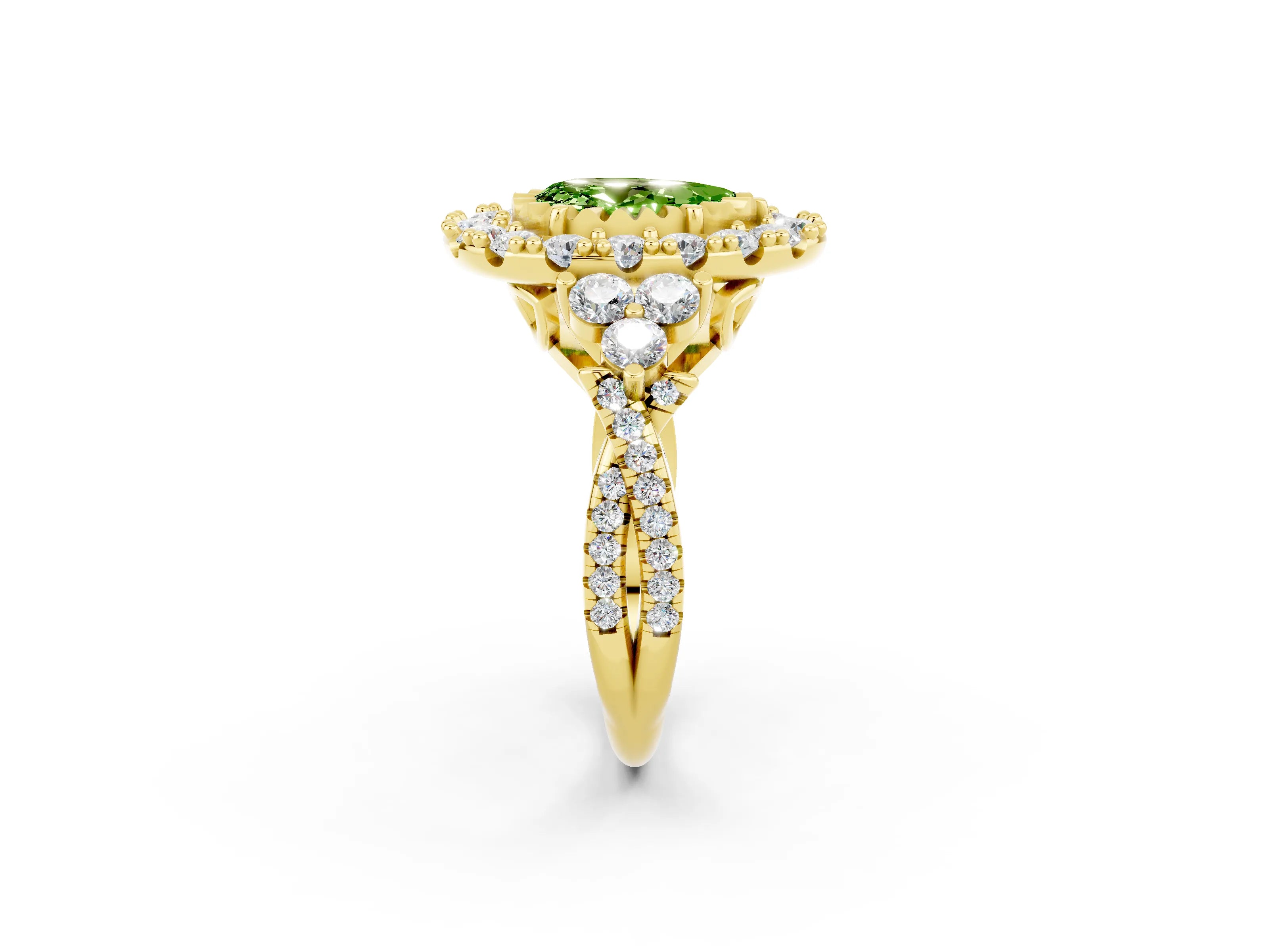 Yellow gold Pear Cut Peridot Halo Ring with Pavé Band and Four-Prong Setting_14