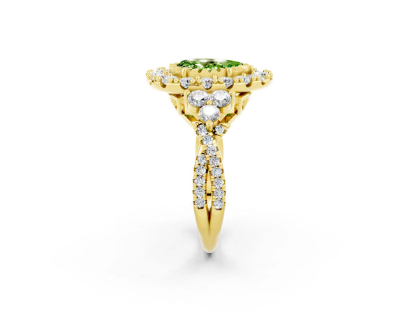 Yellow gold Pear Cut Peridot Halo Ring with Pavé Band and Four-Prong Setting