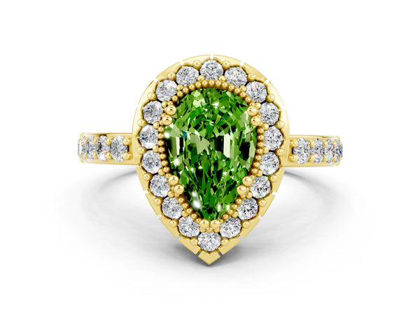 Yellow gold Pear Cut Peridot Halo Ring with Pavé Band and Prong Setting