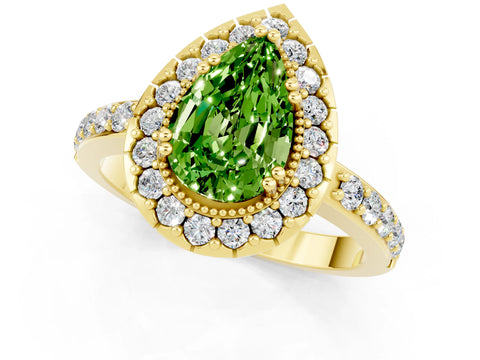 Yellow gold Pear Cut Peridot Halo Ring with Pavé Band and Prong Setting_1