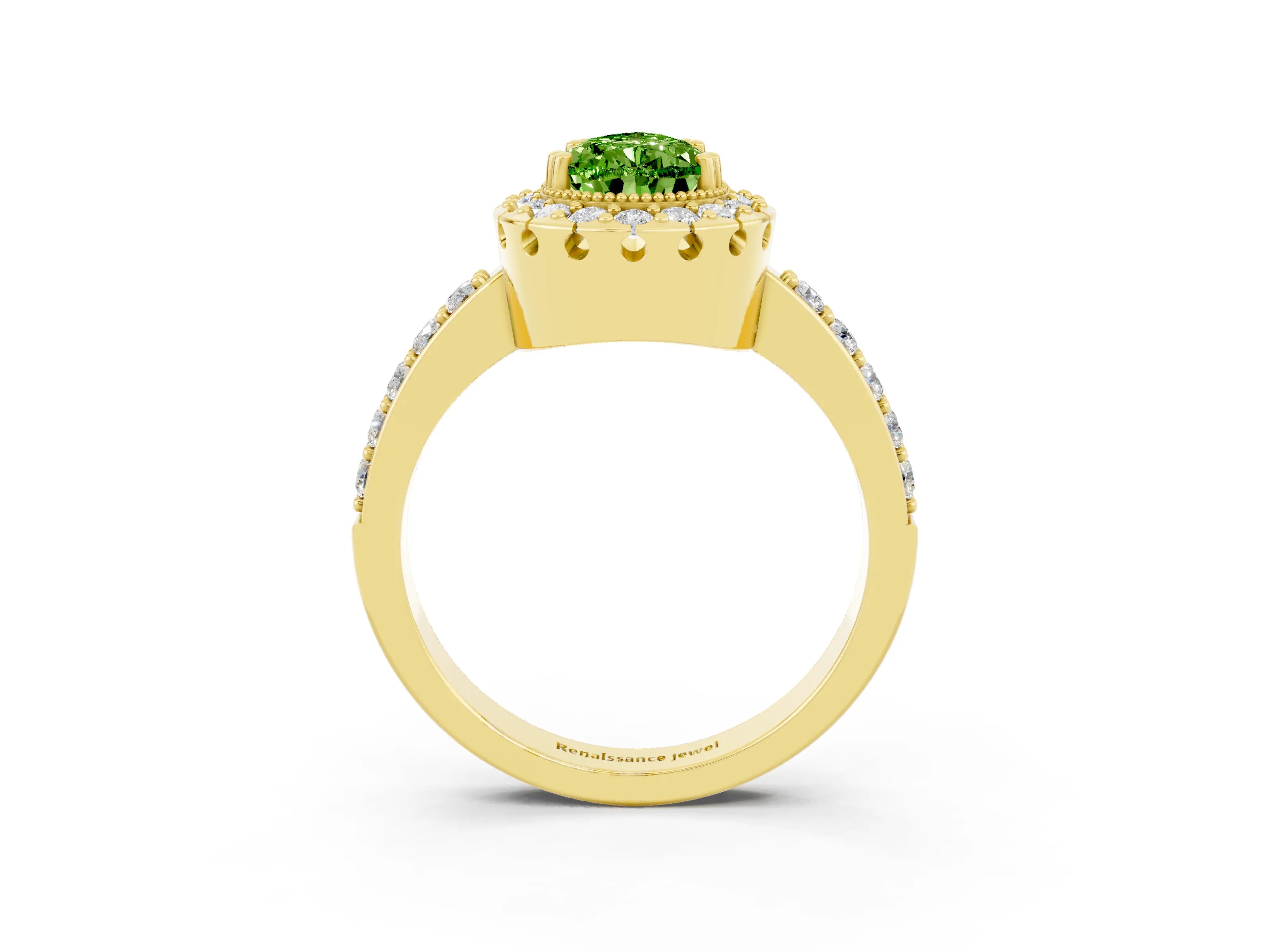 Yellow gold Pear Cut Peridot Halo Ring with Pavé Band and Prong Setting_3