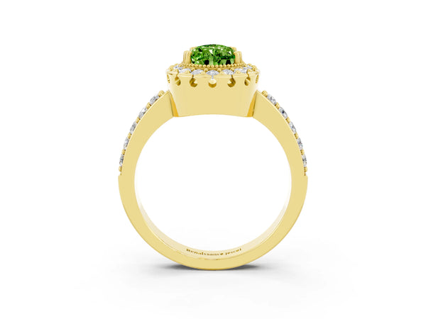 Yellow gold Pear Cut Peridot Halo Ring with Pavé Band and Prong Setting