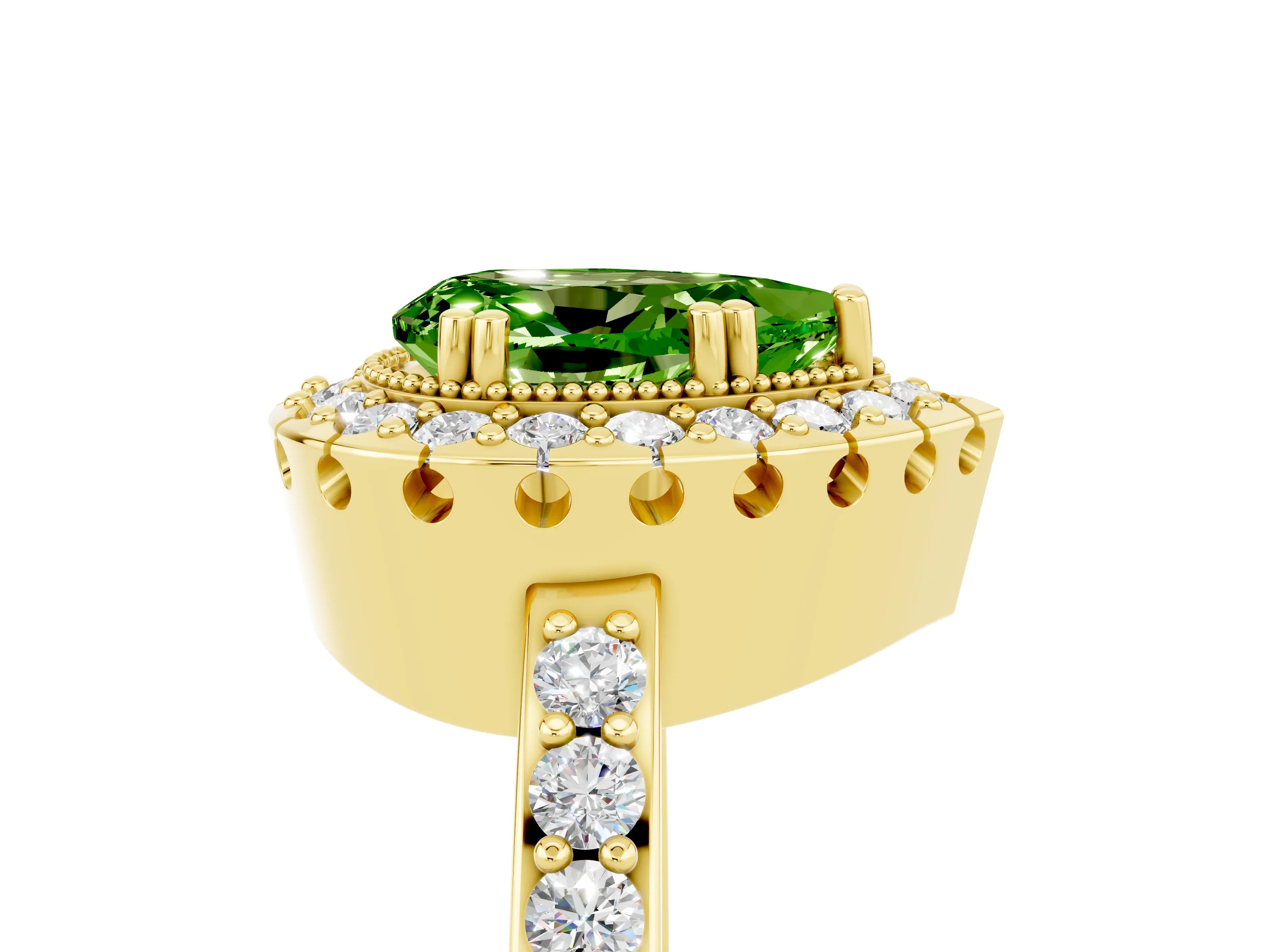 Yellow gold Pear Cut Peridot Halo Ring with Pavé Band and Prong Setting_5