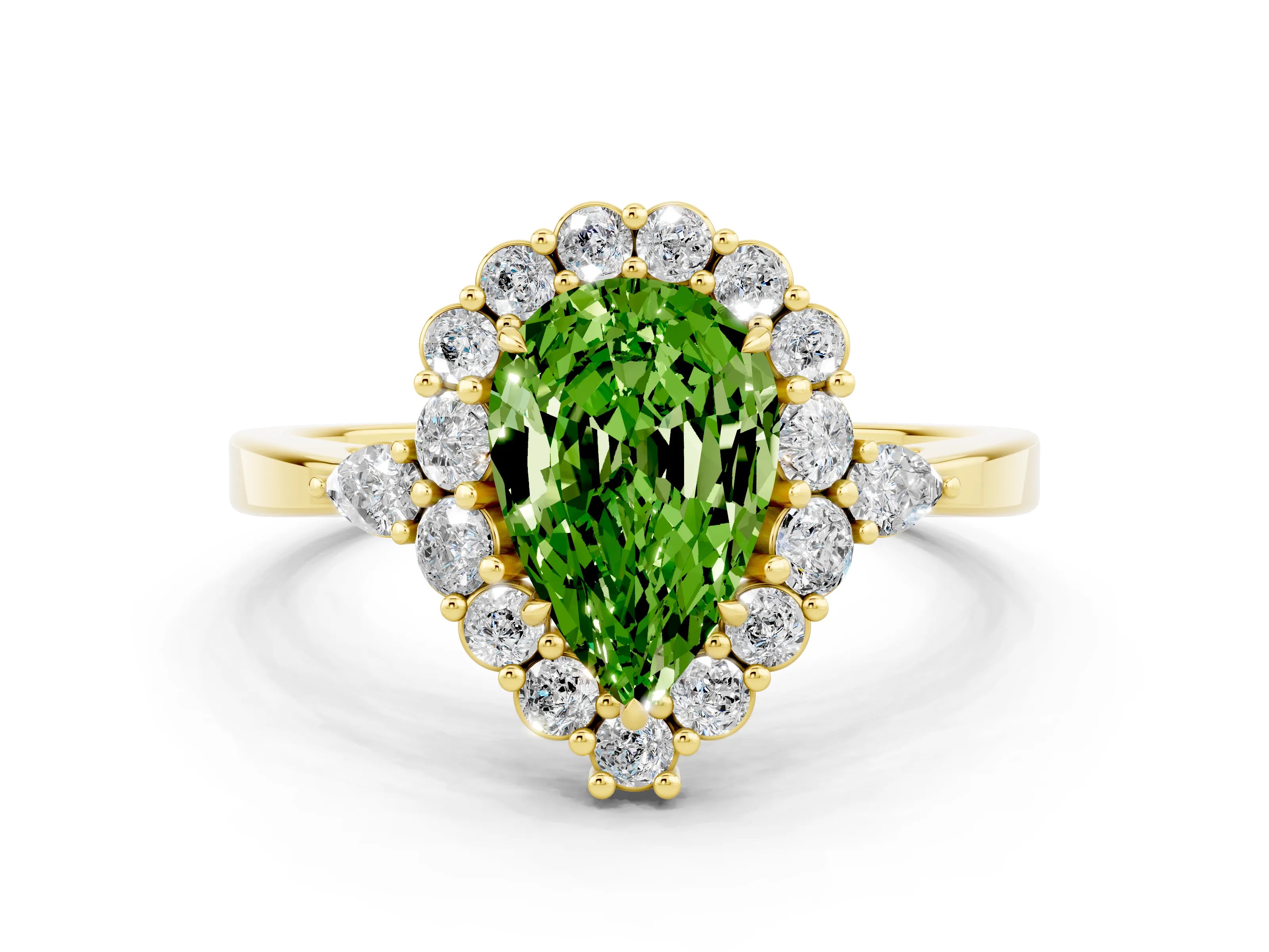Yellow gold Pear Cut Peridot Halo Ring with Pear Side Stones and Prong Setting_12