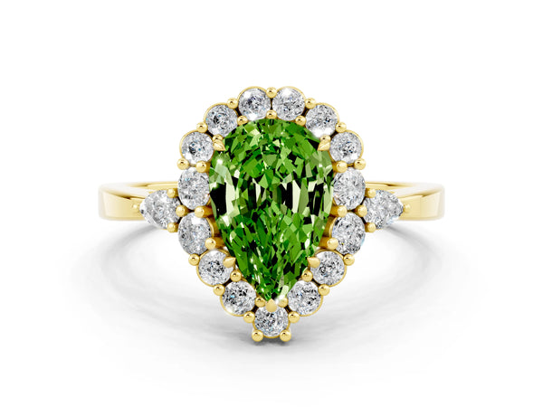 Yellow gold Pear Cut Peridot Halo Ring with Pear Side Stones and Prong Setting