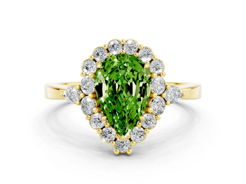 Yellow gold Pear Cut Peridot Halo Ring with Pear Side Stones and Prong Setting_12