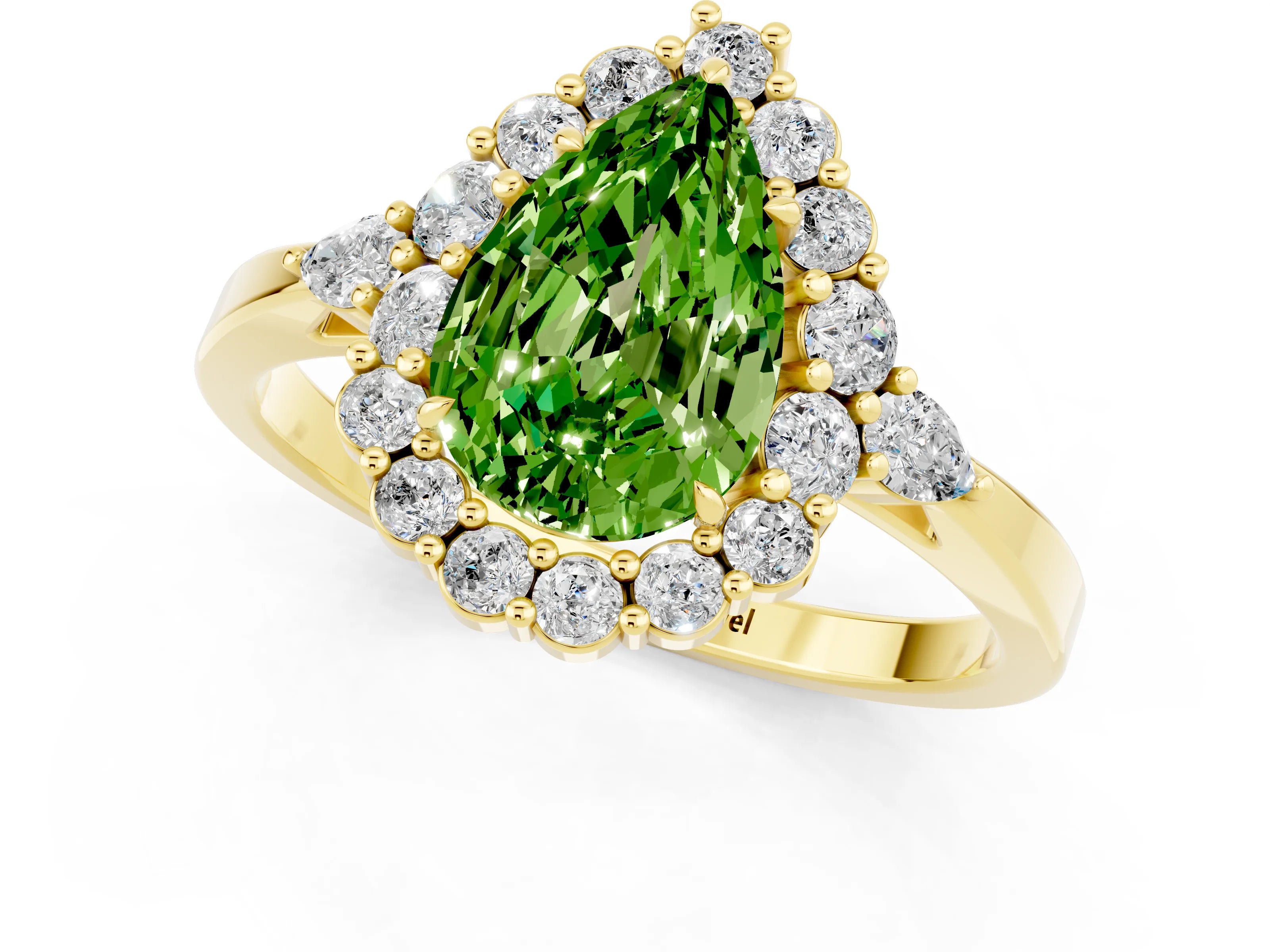 Yellow gold Pear Cut Peridot Halo Ring with Pear Side Stones and Prong Setting_13