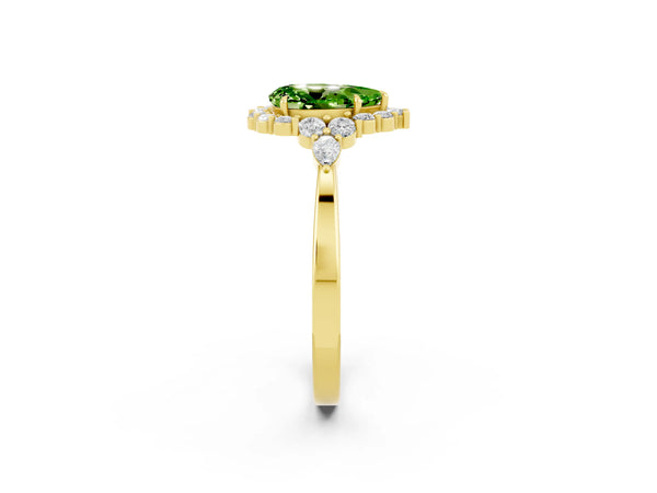 Yellow gold Pear Cut Peridot Halo Ring with Pear Side Stones and Prong Setting