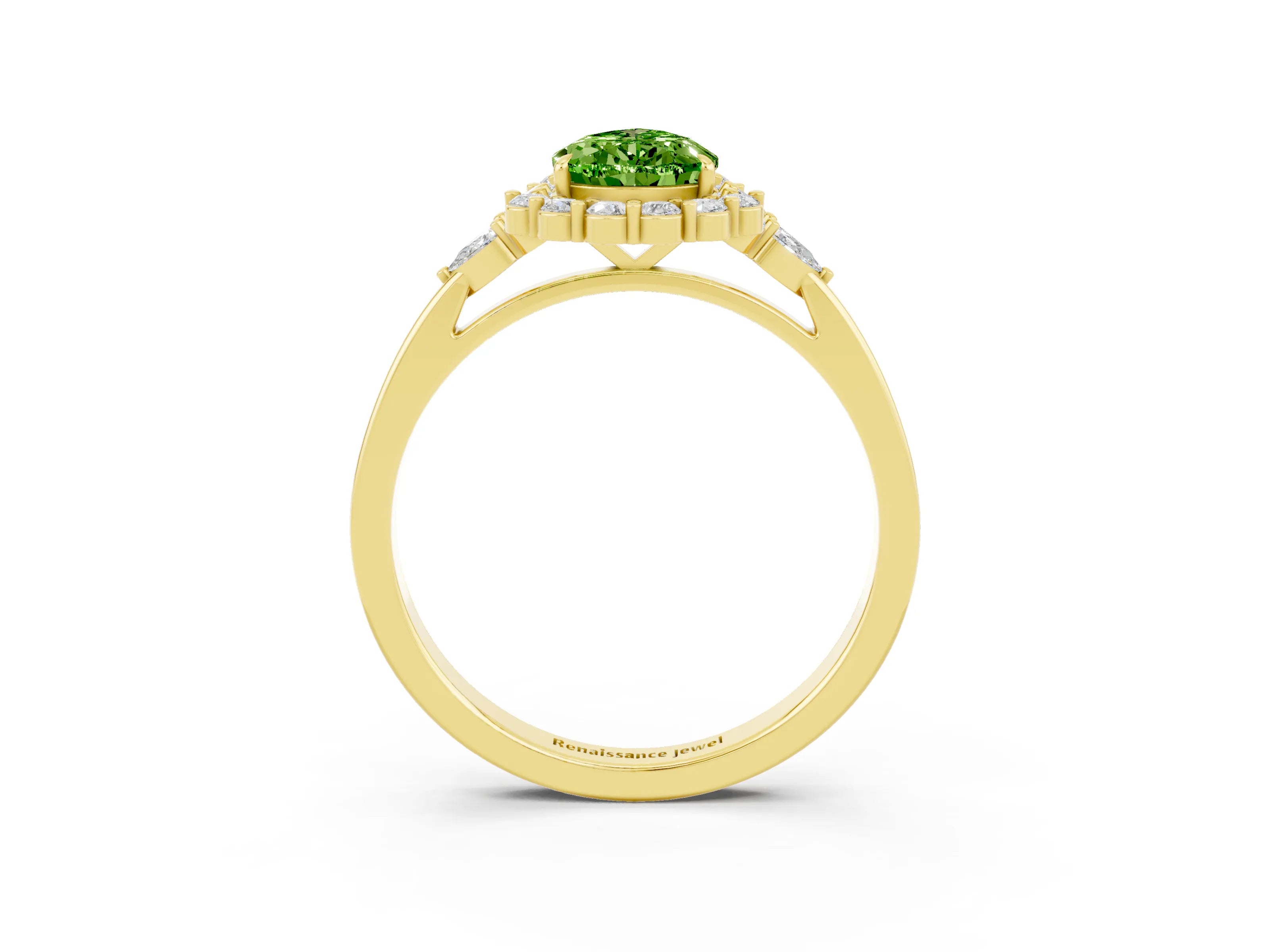 Yellow gold Pear Cut Peridot Halo Ring with Pear Side Stones and Prong Setting_15