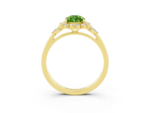 Yellow gold Pear Cut Peridot Halo Ring with Pear Side Stones and Prong Setting