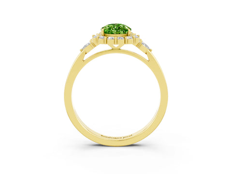 Yellow gold Pear Cut Peridot Halo Ring with Pear Side Stones and Prong Setting_15