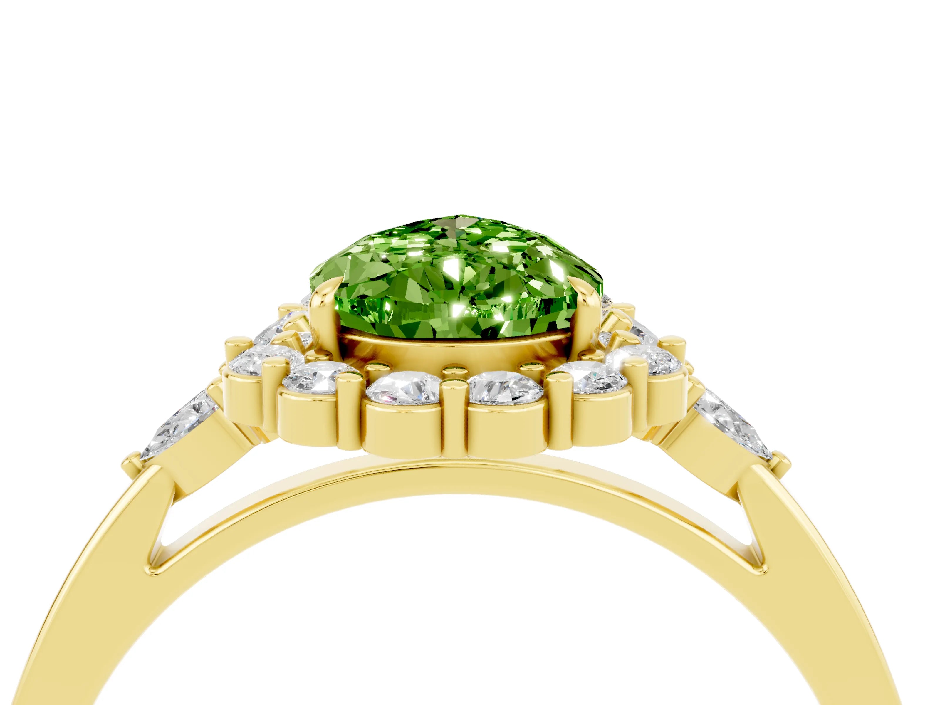 Yellow gold Pear Cut Peridot Halo Ring with Pear Side Stones and Prong Setting_16