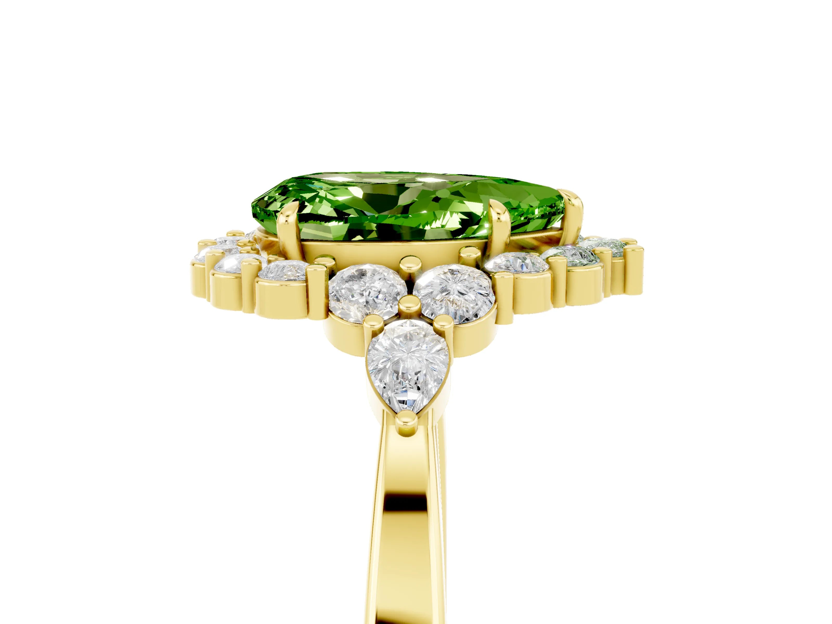Yellow gold Pear Cut Peridot Halo Ring with Pear Side Stones and Prong Setting_17
