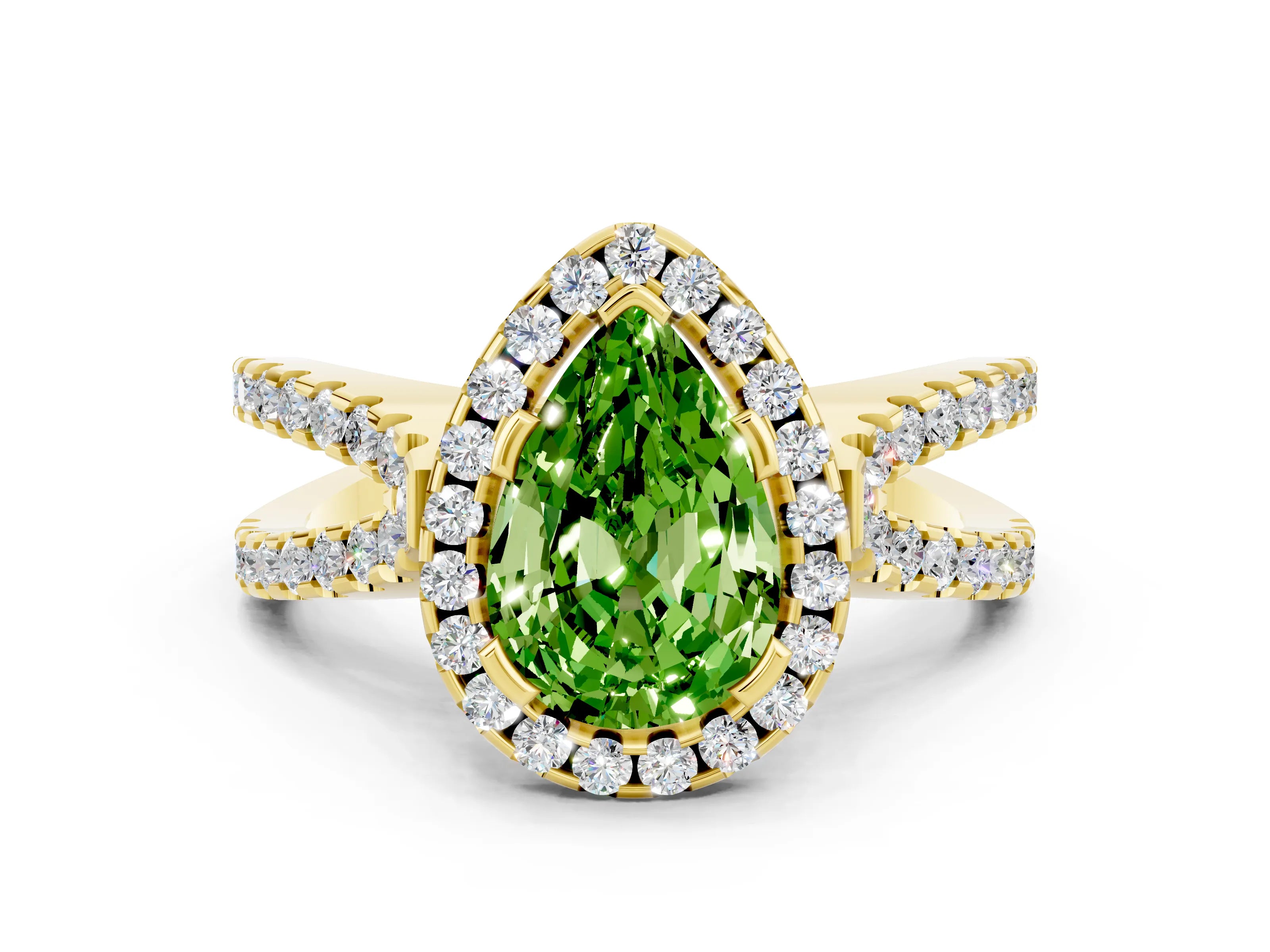 Yellow gold Pear Cut Peridot Halo Ring with Split Shank Pavé Band and Prong Setting