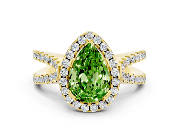 Yellow gold Pear Cut Peridot Halo Ring with Split Shank Pavé Band and Prong Setting