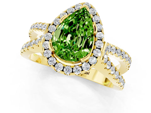 Yellow gold Pear Cut Peridot Halo Ring with Split Shank Pavé Band and Prong Setting_1