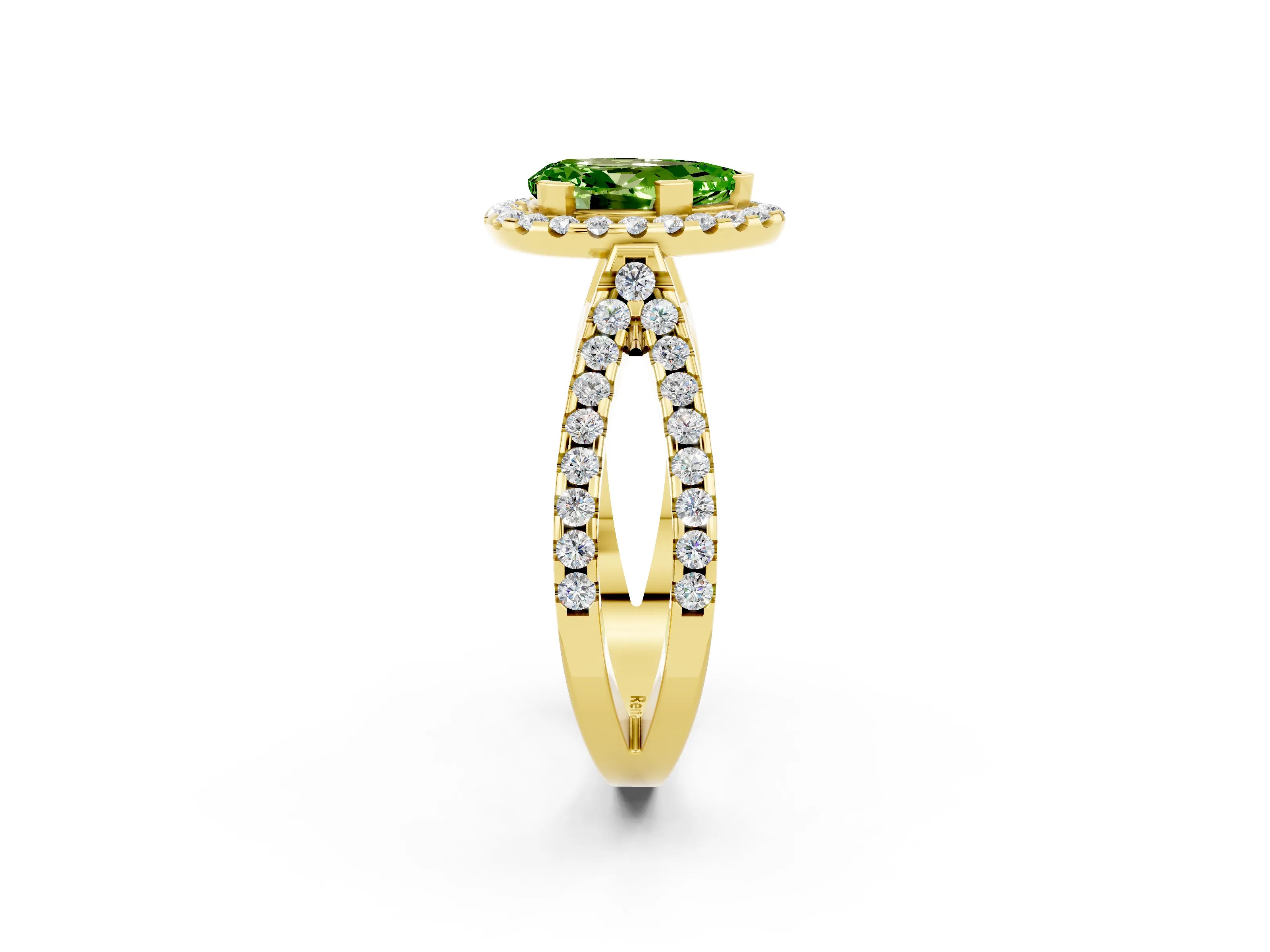 Yellow gold Pear Cut Peridot Halo Ring with Split Shank Pavé Band and Prong Setting_2