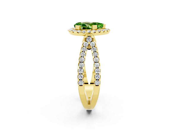Yellow gold Pear Cut Peridot Halo Ring with Split Shank Pavé Band and Prong Setting