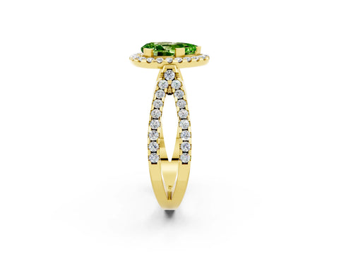 Yellow gold Pear Cut Peridot Halo Ring with Split Shank Pavé Band and Prong Setting_2