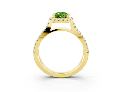 Yellow gold Pear Cut Peridot Halo Ring with Split Shank Pavé Band and Prong Setting_3