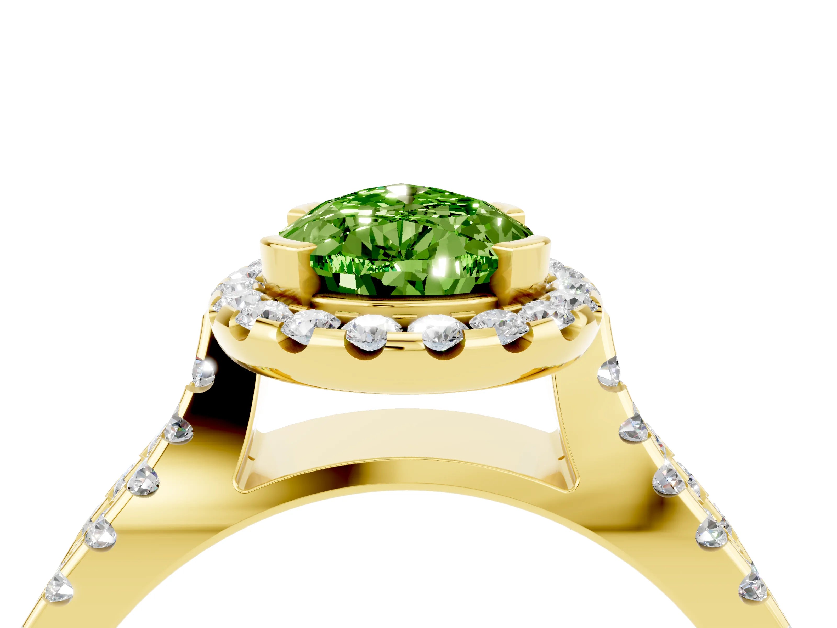 Yellow gold Pear Cut Peridot Halo Ring with Split Shank Pavé Band and Prong Setting_4