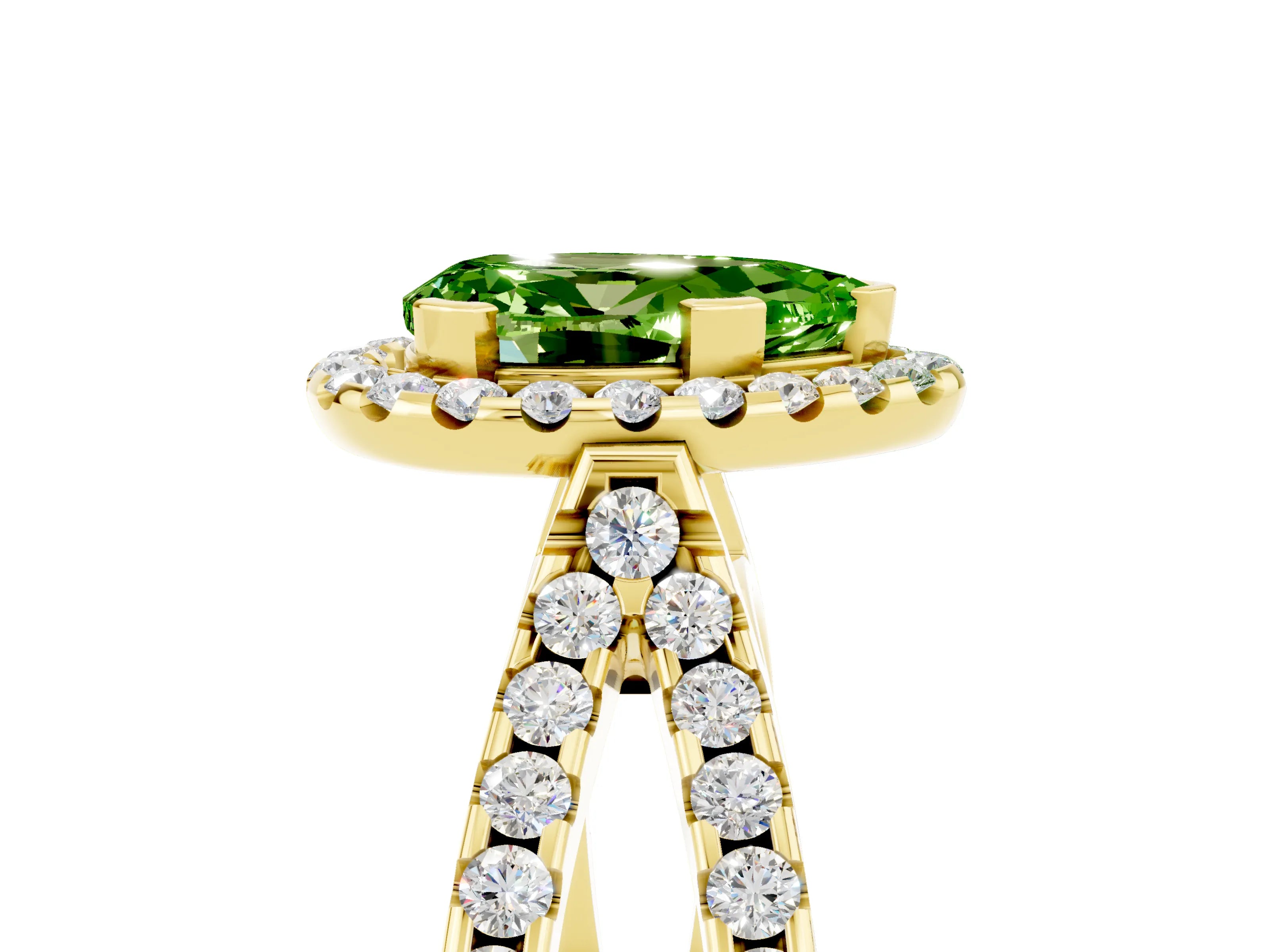 Yellow gold Pear Cut Peridot Halo Ring with Split Shank Pavé Band and Prong Setting_5