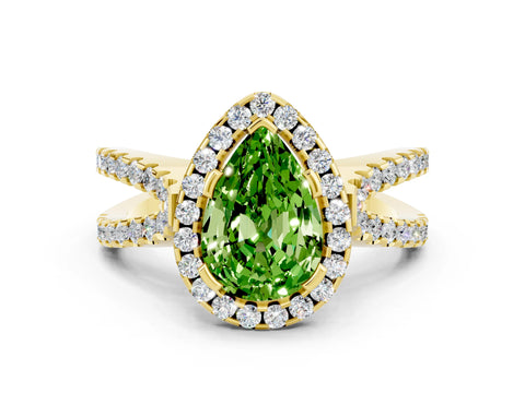 Yellow gold Pear Cut Peridot Halo Ring with Split Shank Pavé Band and Prong Setting