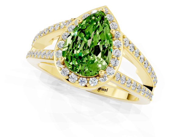 Yellow gold Pear Cut Peridot Halo Ring with Split Shank U-Prong Band and Four-Prong Setting