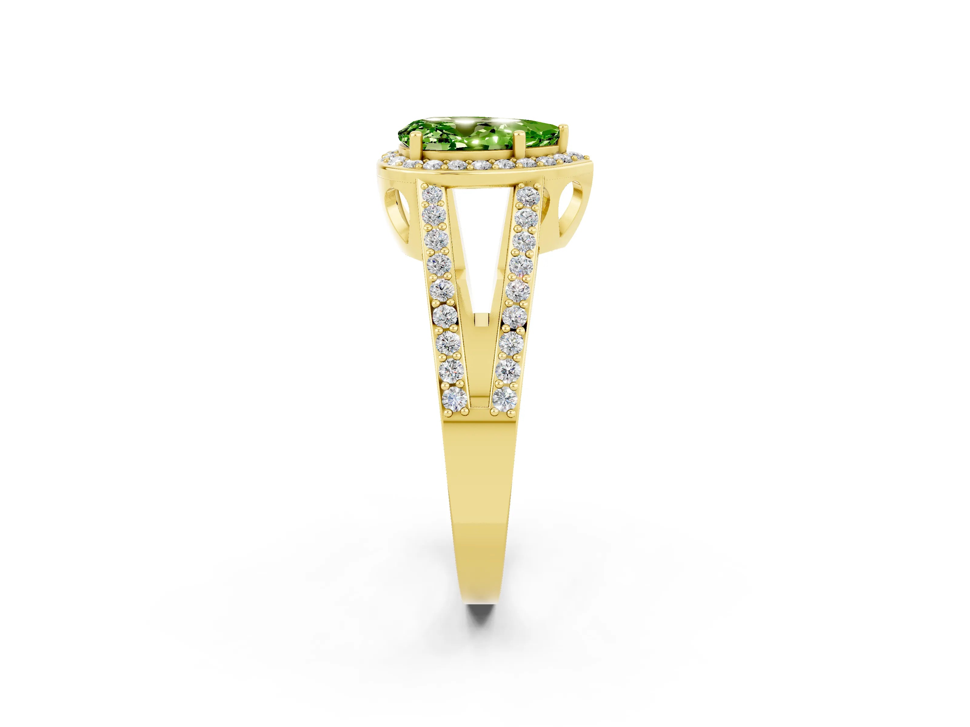 Yellow gold Pear Cut Peridot Halo Ring with Split Shank U-Prong Band and Four-Prong Setting_2