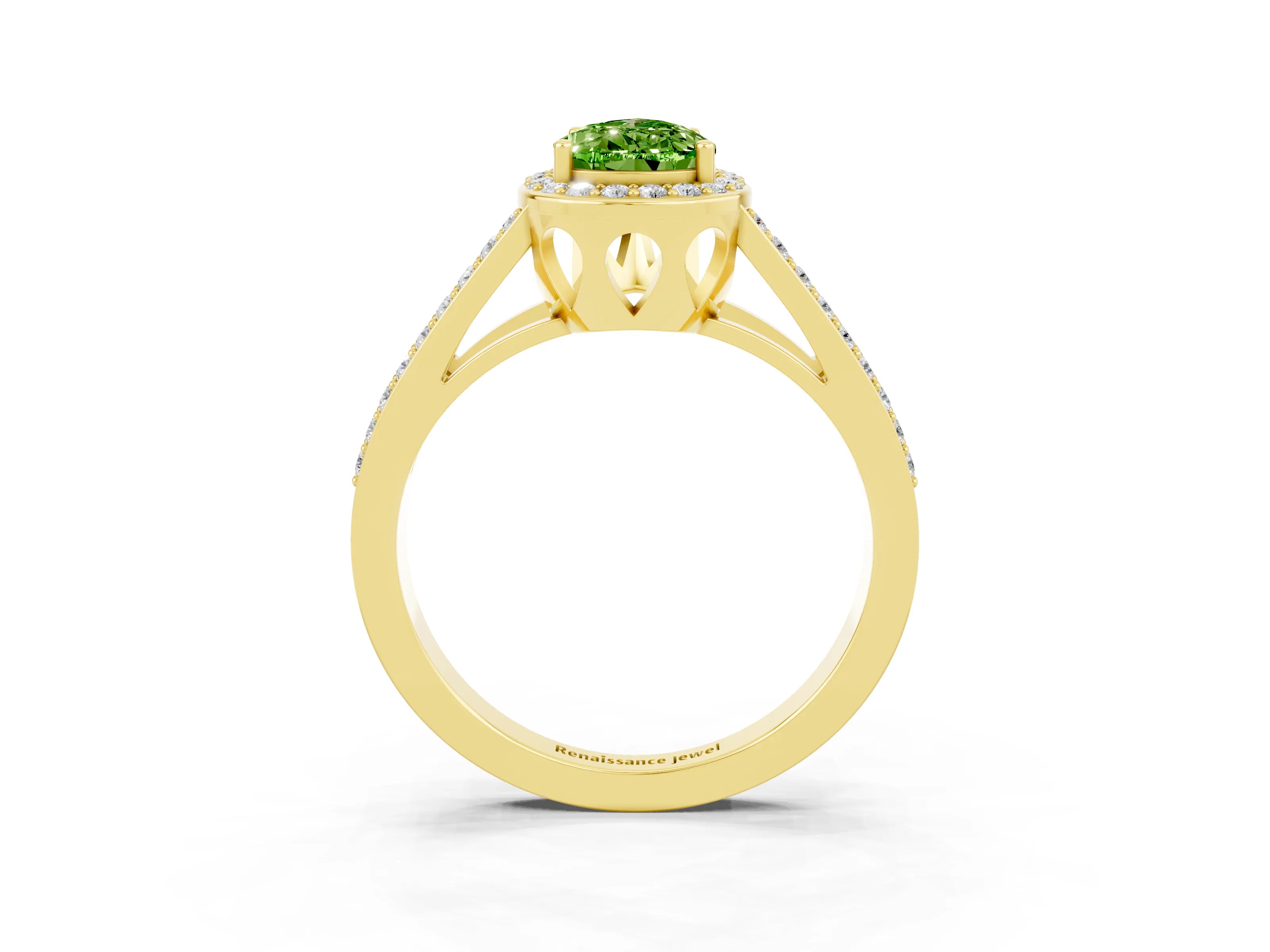 Yellow gold Pear Cut Peridot Halo Ring with Split Shank U-Prong Band and Four-Prong Setting_3