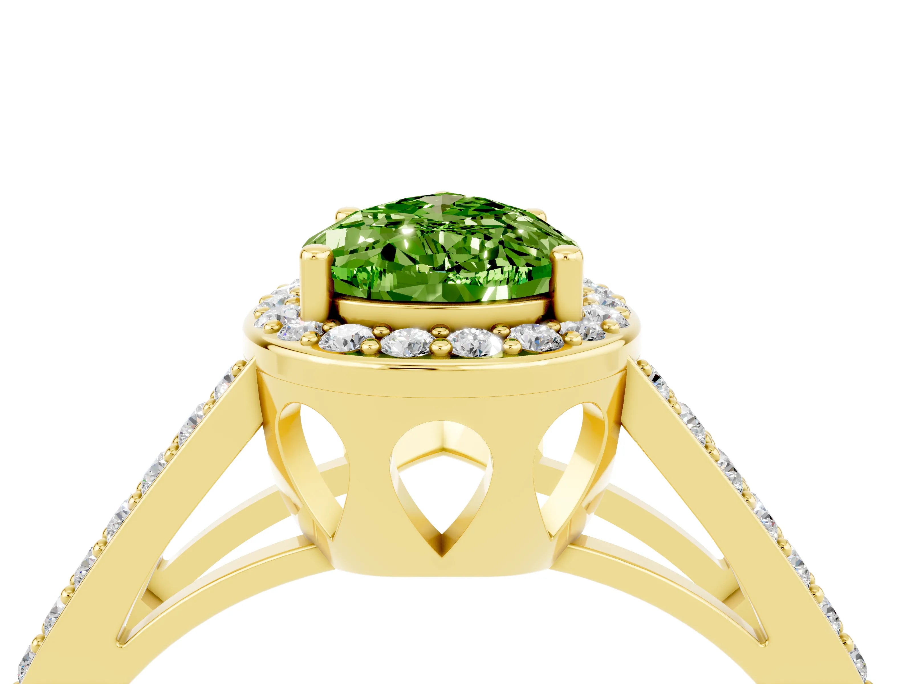 Yellow gold Pear Cut Peridot Halo Ring with Split Shank U-Prong Band and Four-Prong Setting_4
