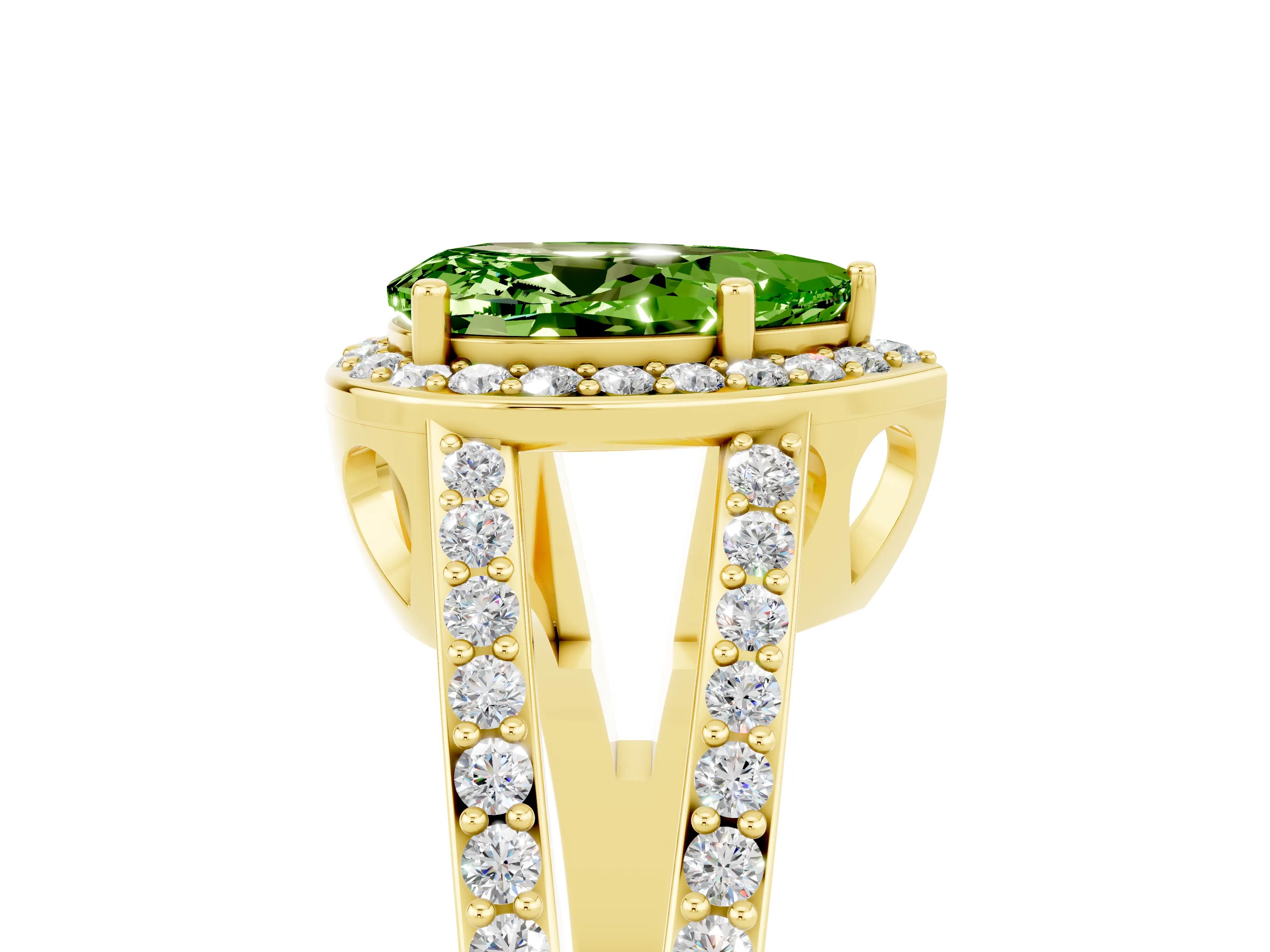 Yellow gold Pear Cut Peridot Halo Ring with Split Shank U-Prong Band and Four-Prong Setting_5