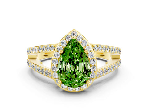 Yellow gold Pear Cut Peridot Halo Ring with Split Shank U-Prong Band and Four-Prong Setting