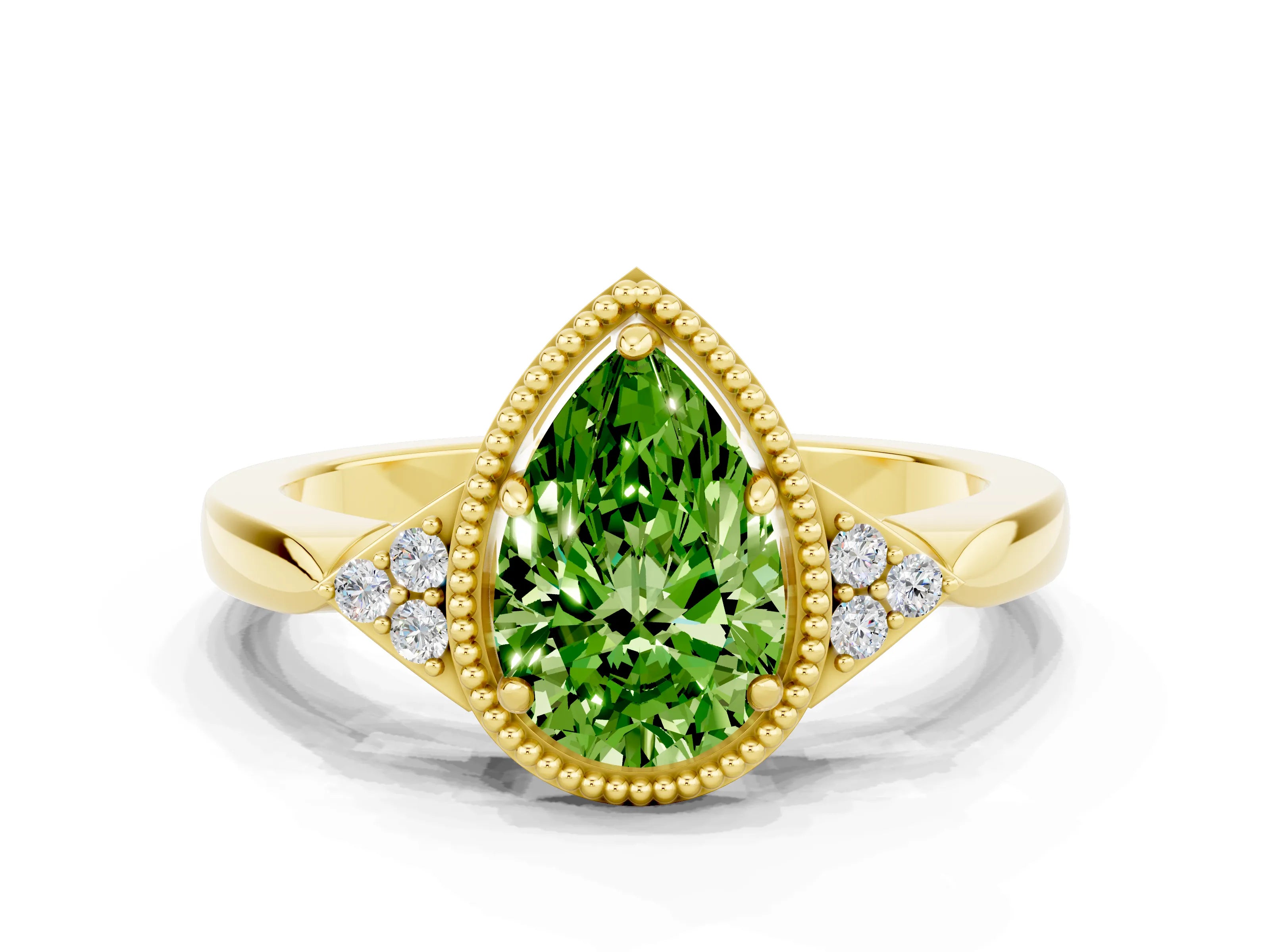 Yellow gold Pear Cut Peridot Halo Ring with Tapered Band and Four-Prong Setting