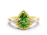 Yellow gold Pear Cut Peridot Halo Ring with Tapered Band and Four-Prong Setting