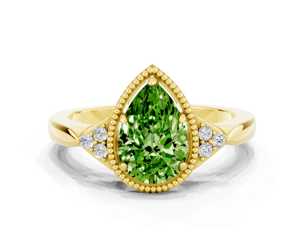 Yellow gold Pear Cut Peridot Halo Ring with Tapered Band and Four-Prong Setting
