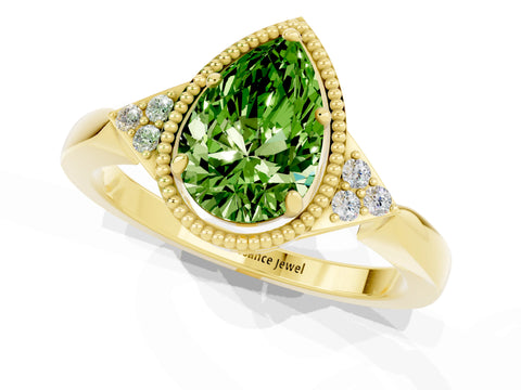 Yellow gold Pear Cut Peridot Halo Ring with Tapered Band and Four-Prong Setting_1