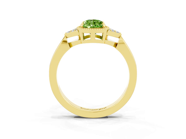 Yellow gold Pear Cut Peridot Halo Ring with Tapered Band and Four-Prong Setting