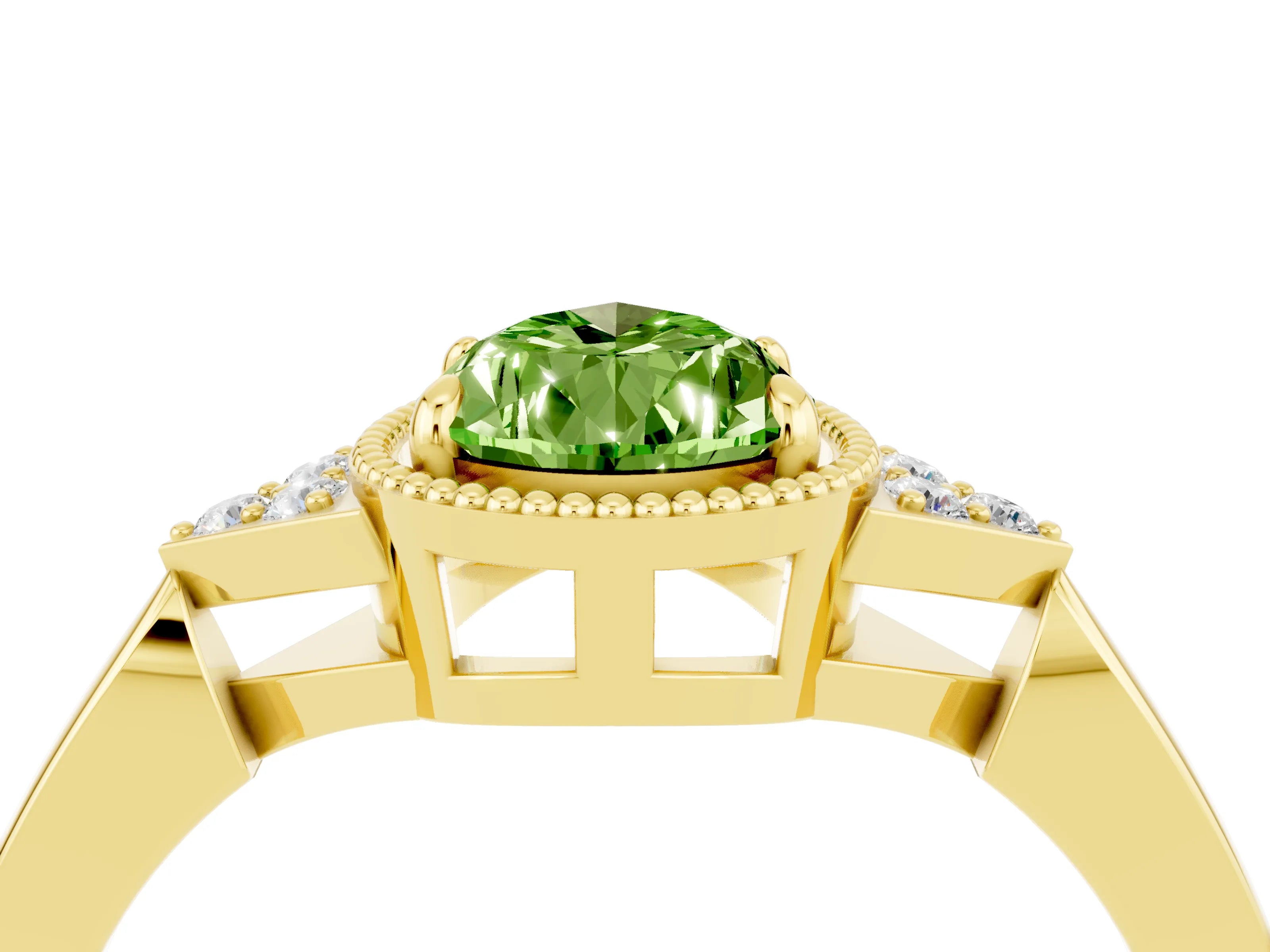 Yellow gold Pear Cut Peridot Halo Ring with Tapered Band and Four-Prong Setting_4