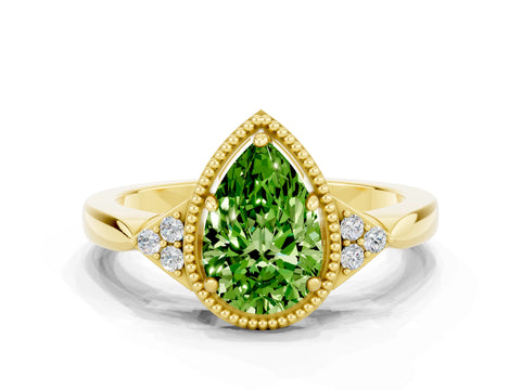 Yellow gold Pear Cut Peridot Halo Ring with Tapered Band and Four-Prong Setting