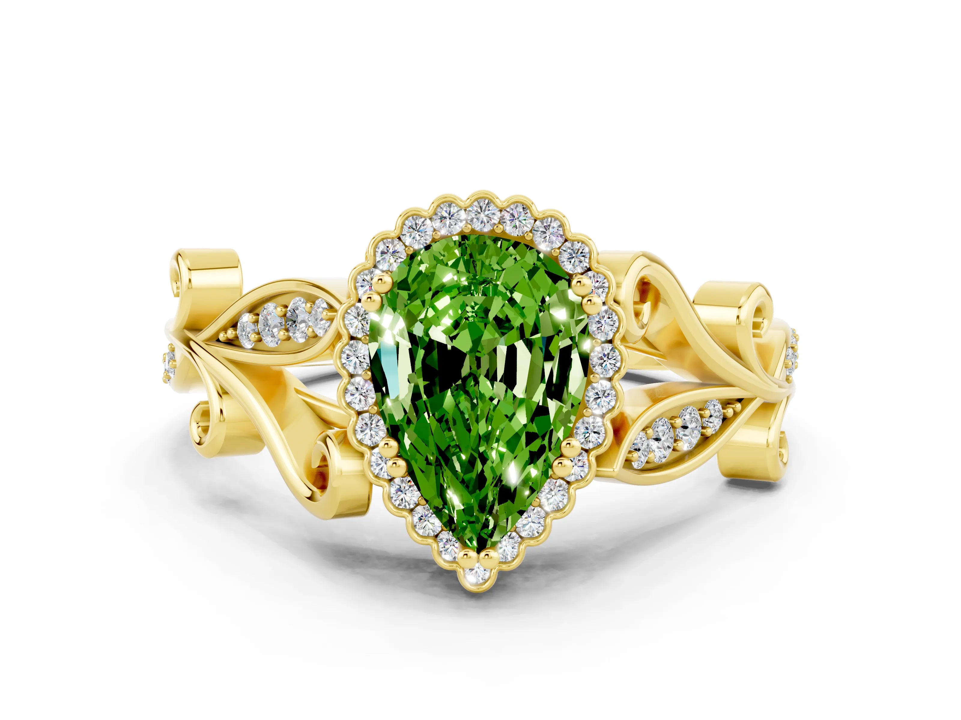 Yellow gold Pear Cut Peridot Halo Ring with Vintage Split Shank and Four-Prong Setting