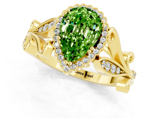 Yellow gold Pear Cut Peridot Halo Ring with Vintage Split Shank and Four-Prong Setting