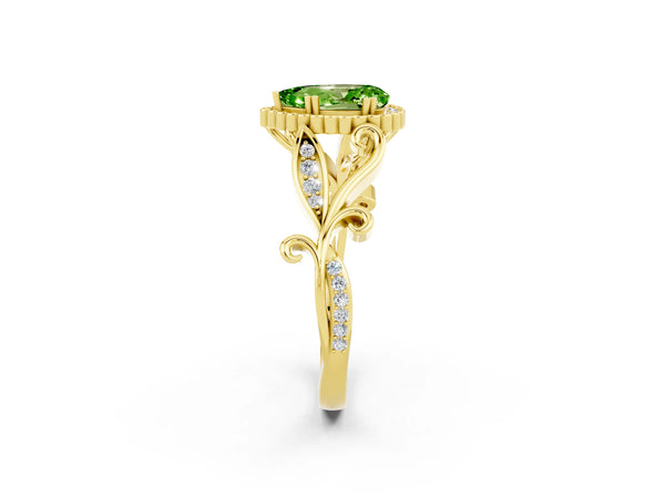 Yellow gold Pear Cut Peridot Halo Ring with Vintage Split Shank and Four-Prong Setting