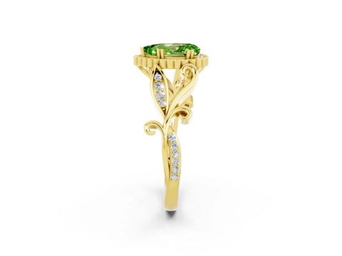 Yellow gold Pear Cut Peridot Halo Ring with Vintage Split Shank and Four-Prong Setting_2