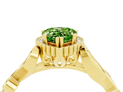Yellow gold Pear Cut Peridot Halo Ring with Vintage Split Shank and Four-Prong Setting_4