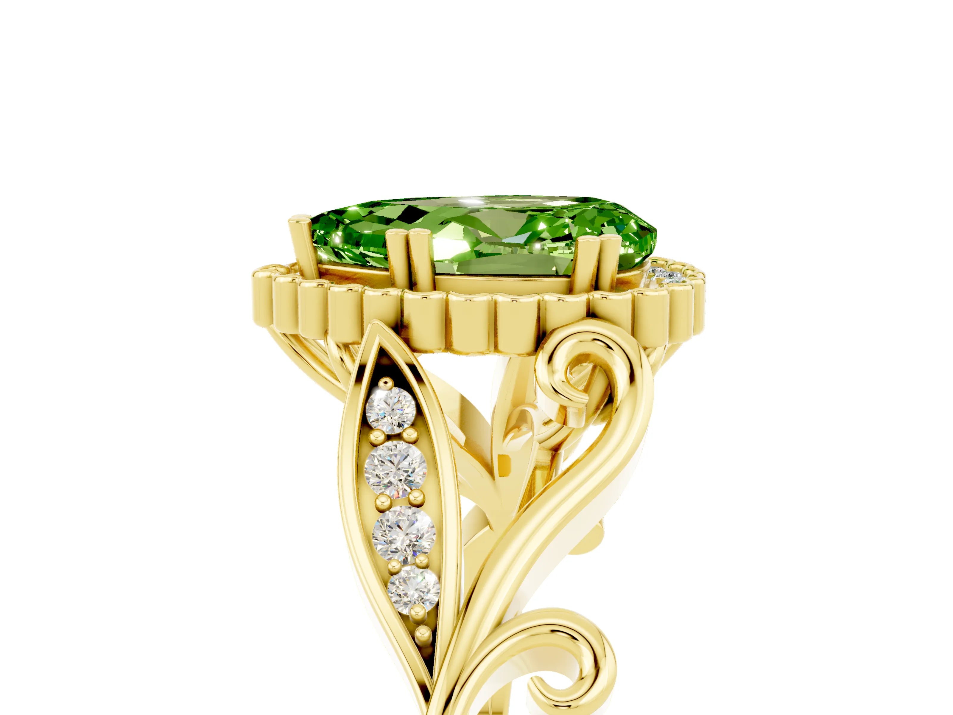Yellow gold Pear Cut Peridot Halo Ring with Vintage Split Shank and Four-Prong Setting_5